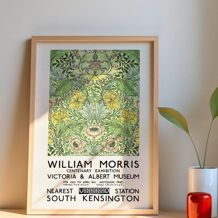 Green floral art by William Morris. Reproduction of a vintage exhibition poster from 1934.&nbsp;