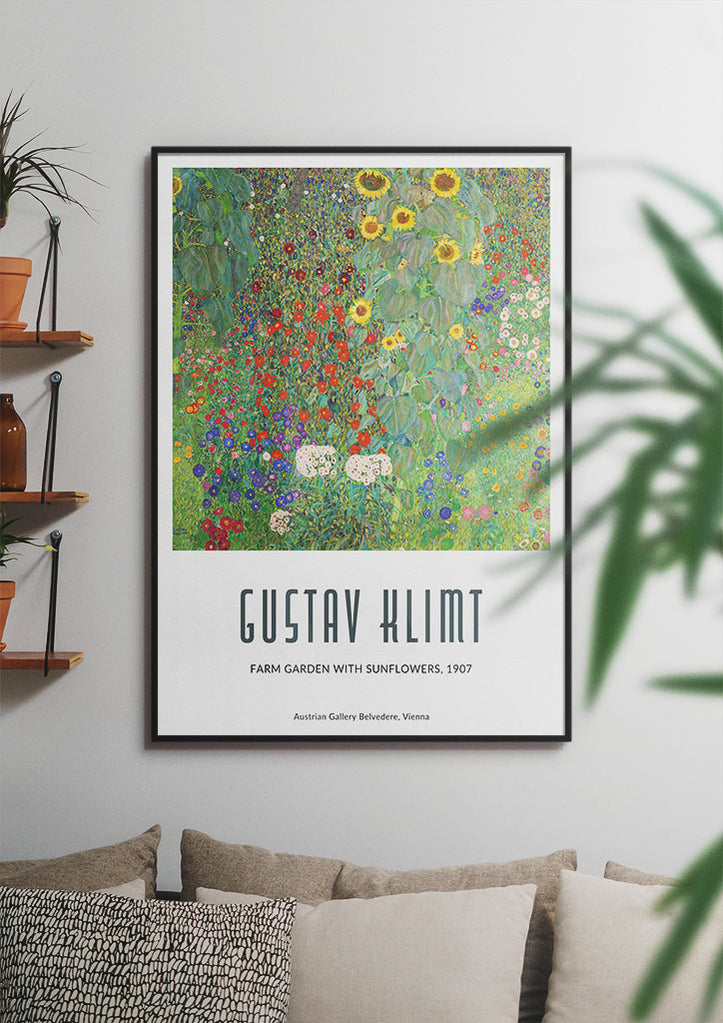 Gustav Klimt art print featuring his artwork 'Farm Garden with Sunflowers' from 1907. 