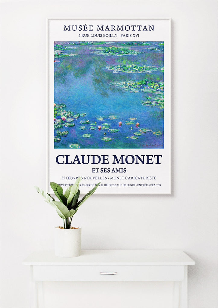 Monet exhibition poster featuring one of his paintings from the 'Water Lilies' series.