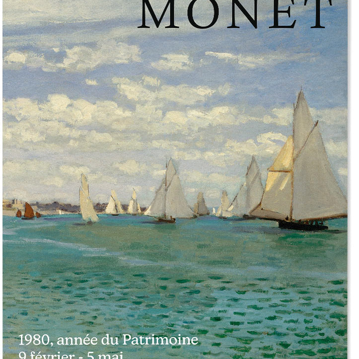 Claude Monet exhibition poster, featuring a detail of his painting 'Regatta at Sainte-Adresse'.