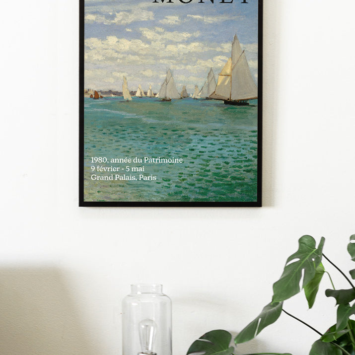 Claude Monet exhibition poster, featuring a detail of his painting 'Regatta at Sainte-Adresse'.