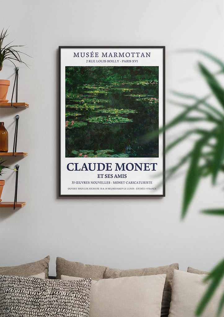 A vintage style Claude Monet exhibition poster featuring one of his paintings from the 'Water Lilies' series.