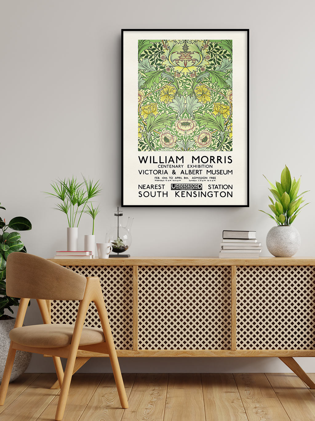 Green floral art by William Morris. Reproduction of a vintage exhibition poster from 1934.&nbsp;